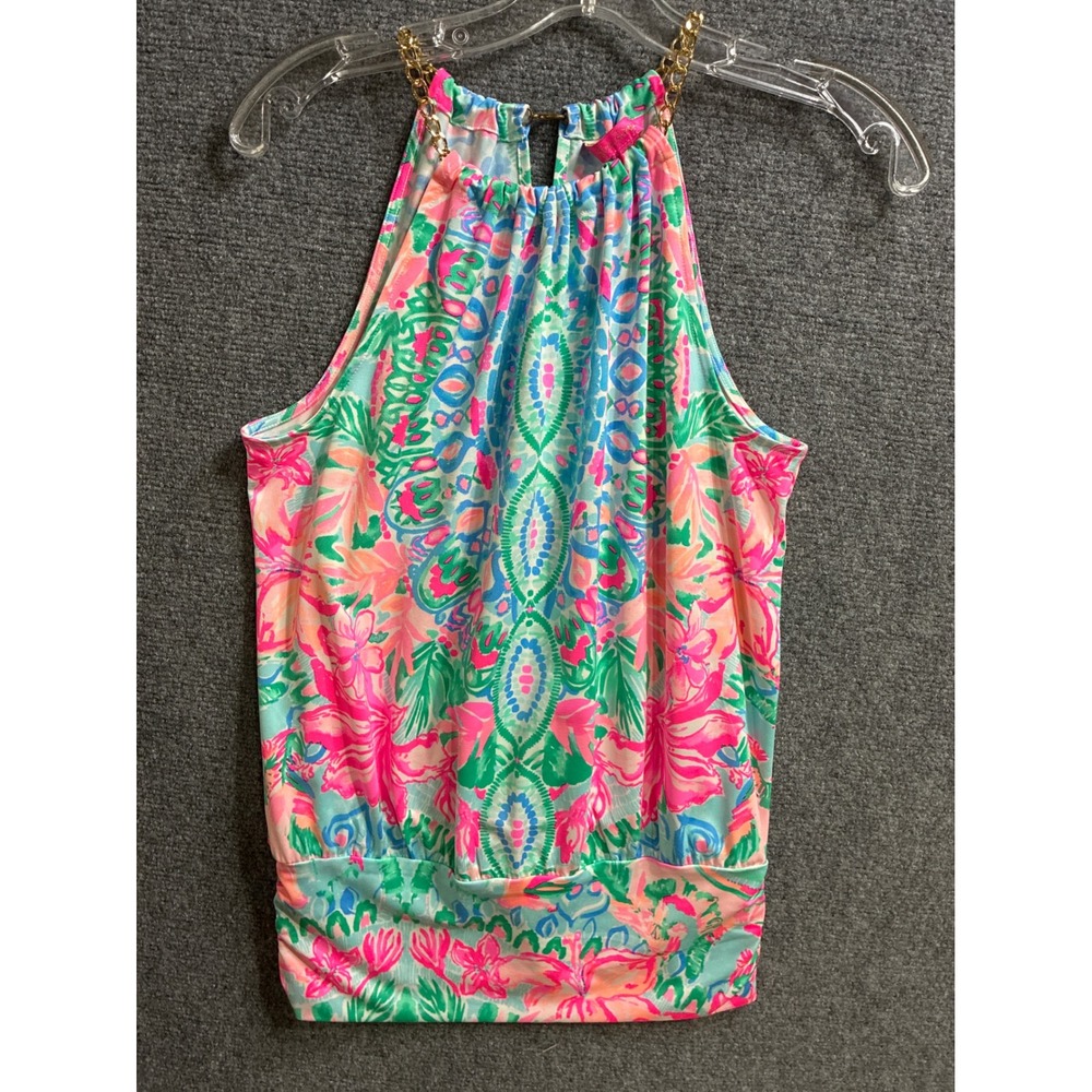 Lilly Pulitzer Halter Top XS Pink Blue Green Floral Gold Chain Neck Blouse